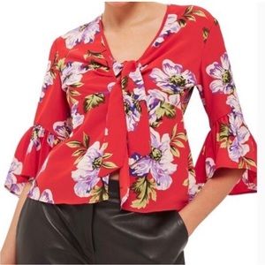 TOPSHOP floral red tie front top size 10